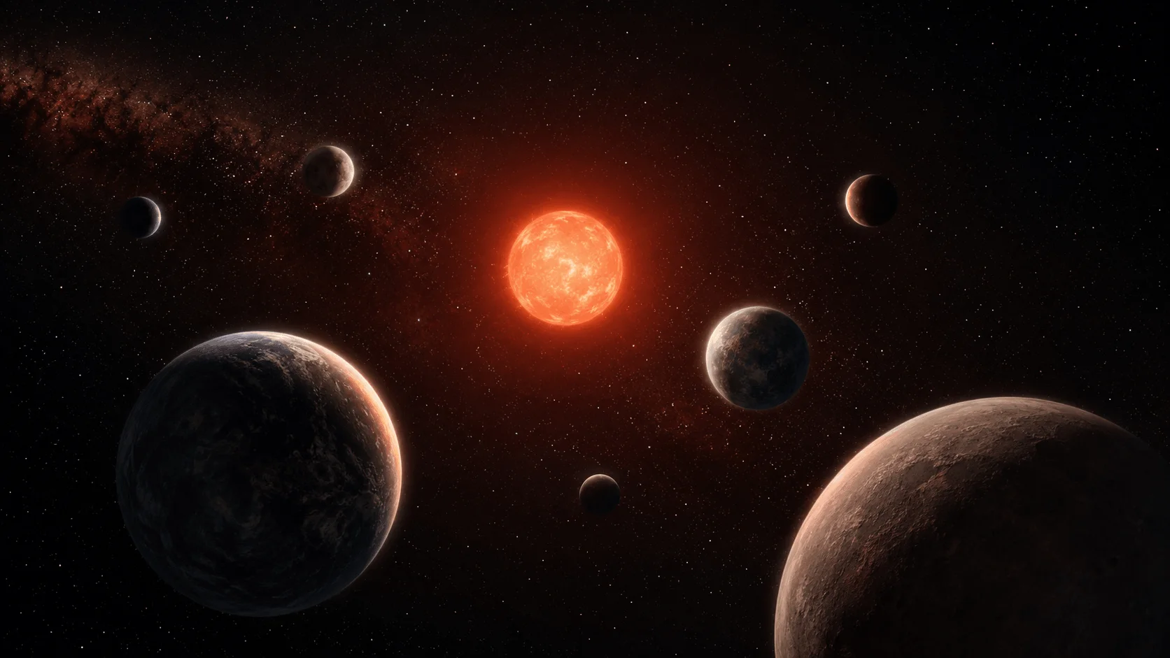 Система TRAPPIST-1 с красной звездой и несколькими экзопланетами в космосе